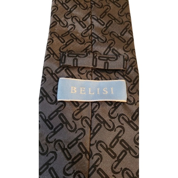 BELISI MENS TIE GRAY WITH BLACK 'B' NECK TIE 100% SILK DESIGNER WEDDING OFFICE - Picture 6 of 13